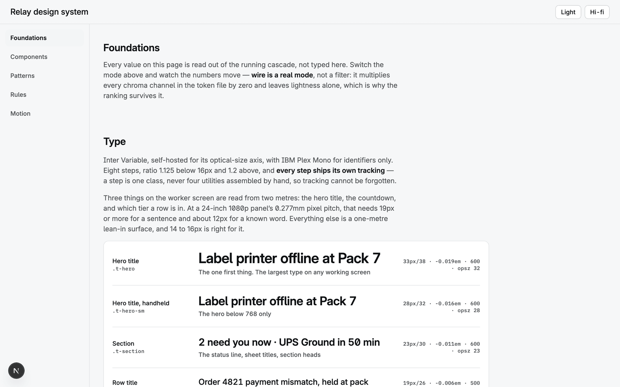 The design system page, showing the type scale with every size, tracking and optical size measured from the live stylesheet.