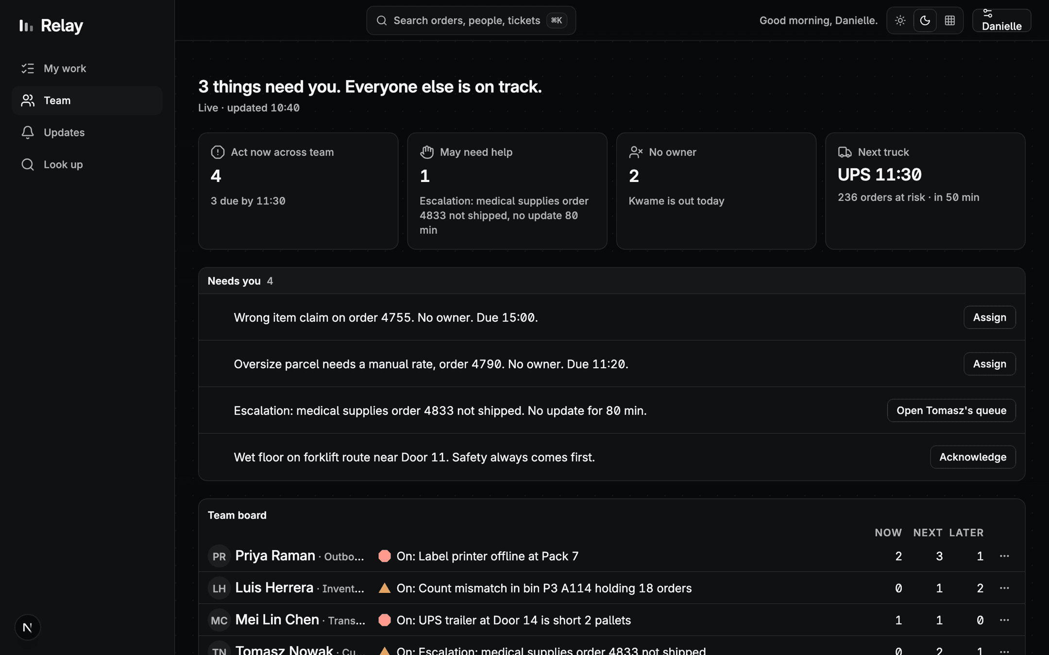 The manager's screen in dark mode: a status sentence, four filter tiles, a Needs-you list, then a board of people.